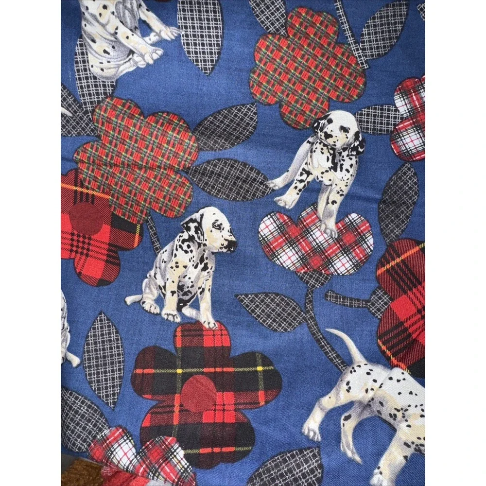Vtg CS Shamash & Sons Fabric Dalmatian Puppy Dogs Plaid Flowers On Blue 3 Yds